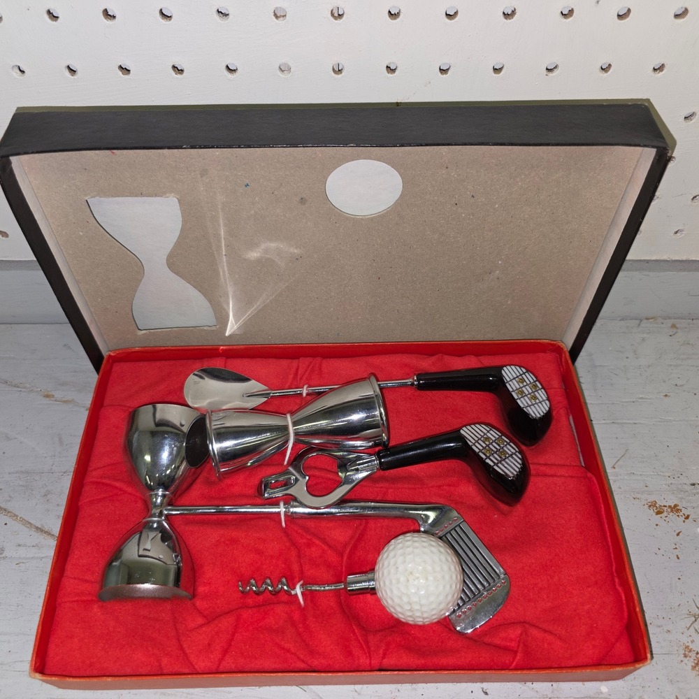 Vintage Noris Accessories Golf Theme Barware Set Jigger Corkscrew Bottle Opener